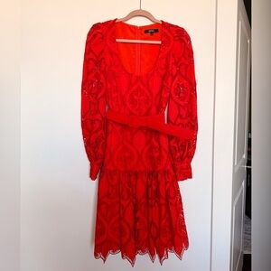Badgley Mischka Size 4 Red Lace and Embroidered Long Sleeve Belted Dress Boho